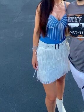 Blue Beaded Bustier Top with White Fringe Mini Skirt- rhinestone and beaded